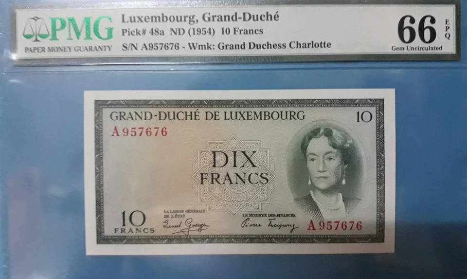 1954 Luxembourg 10 Francs  PMG66 EPQ <P-48a> GEM UNC First Prefix A - Image 1 of 2