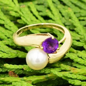 10k Yellow Gold Pearl & Amethyst Gemstone Wrap Ring Size 6.75 - Picture 1 of 5