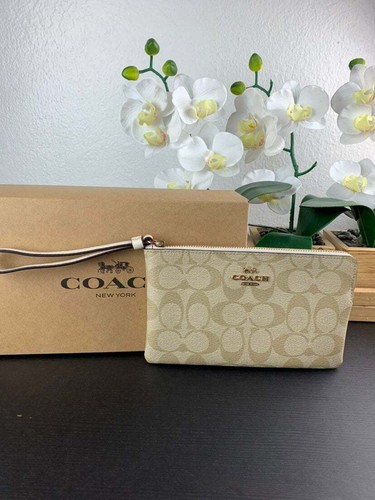 Bracciale Coach 6648 grande con zip angolare firmato tela logo cachi chiaro nuovo con etichette