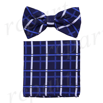 Conjunto de pajarita y pañuelo preatado de microfibra para hombre azul real a cuadros formal  Foto 1 de 4