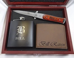 5 Groomsmen Gift Set box, Stiletto Spring Assist Knife, Flask, Leather Wallet  - Picture 1 of 2