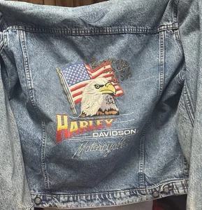 Vintage Harley Davidson Mens Denim Jacket Sz L Born in the USA Eagle Embroidery - Picture 1 of 3