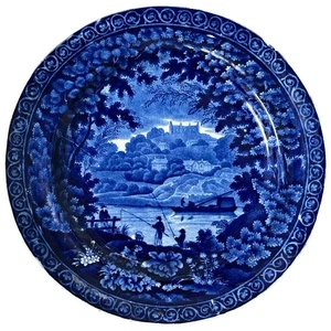 Antiguo plato de transferencia azul de perlas Staffordshire para pesca castillo de Rochester - Imagen 1 de 7