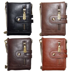 Men's Bifold Zipper Wallet With Zip Coin Pocket & Detachable Chain - Picture 1 of 14