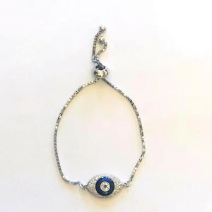 0.49ct Diamond Blue Enamel Evil Eye Chain Bracelet 18k White Gold - Picture 1 of 2