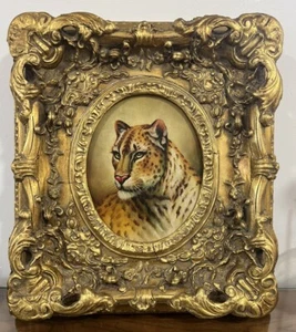 Framed Vintage Oil Painting Of Jaguar 16.5X18.5 Heavy Frame Cracks See Pictures - Picture 1 of 10