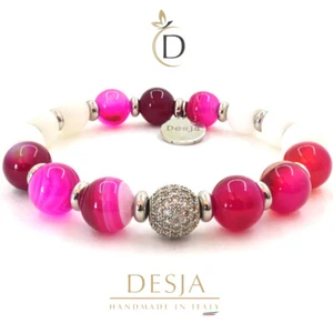 Bracciale donna elastico pietre dure naturali agata viola e giada bianca sfere - Imagen 1 de 3