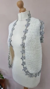 Vintage Crochet Knit Waistcoat Open Flower Hippie White Silver Festival 6 8 10 - Picture 1 of 7