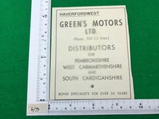Green's Motors Haverfordwest vintage advert 1949 Rover garage cars