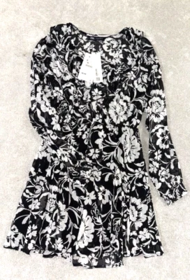 ZARA STRETCH COTTON BLACK BEIGE FLORAL DRESS  BEACH COVERUP FABULOUS SIZE M NWT - Image 1 of 4