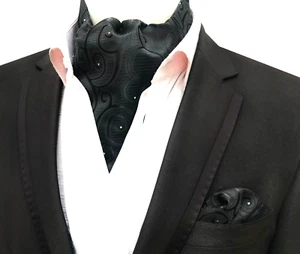 Classic Men's Ascot Cravat Tie Silk Paisley Black Scarf Cravat Hanky Set - Picture 1 of 1
