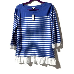 Talbots Women’s Sweater Crew Neck Pullover Blue Striped Ruffle Size M Medium NWT - Picture 1 of 7