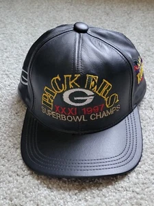 NEW SUPER BOWL CHAMPS XXXI 1997 GREEN BAY PACKERS HAT CAP BLACK LEATHER VINTAGE - Picture 1 of 6