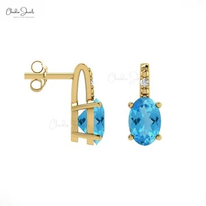 Solid 14k Gold 6x4mm Oval Gemstone Stud with Swiss Blue Topaz & Diamond Earring - Picture 1 of 22