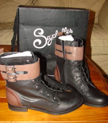 SEYCHELLES MUJER TALLA 8.5 NEGRO MARRÓN JUNGLA EJÉRCITO BOTAS DE COMBATE HEBILLAS CUERO NUEVO Foto 1 de 4