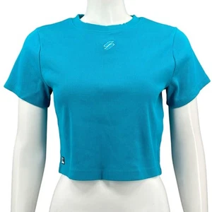 Superdry Top Women 10 Blue Essential Crop Fitted Shirt Ribbed Boxy Cotton Sporty - Picture 1 of 9