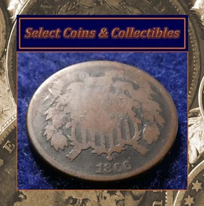 1866 Two Cent Piece 2C Post Civil War Date US Copper Coin Album Filler #3537 - Picture 1 of 11