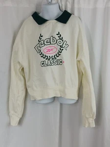 Reebok Classic Sweatshirt White Green Collared Graphic Sweater Girls Size XL - Picture 1 of 14