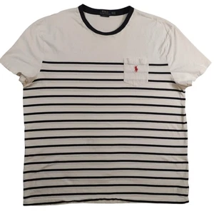 Polo Ralph Lauren Shirt Mens 2XL White Navy Striped Classic Fit Pocket Crewneck - Picture 1 of 9