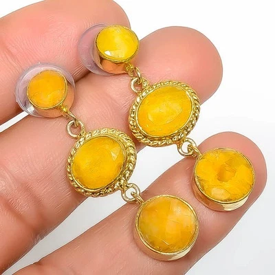 Pendiente antiguo enchapado en oro amarillo de 18k zafiro amarillo (simulado) 1,56" E852 Foto 1 de 3