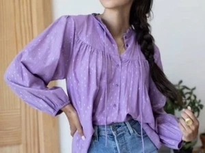 Emerson Fry India Collection Emmaline Blouse Top Sz S Lavendula Gold Dot Lurex - Picture 1 of 9
