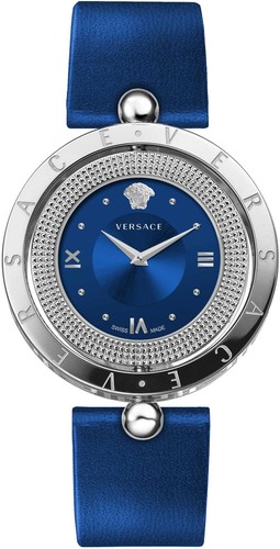 Versace VE7900220 Eon argento blu pelle orologio da polso donna NUOVO