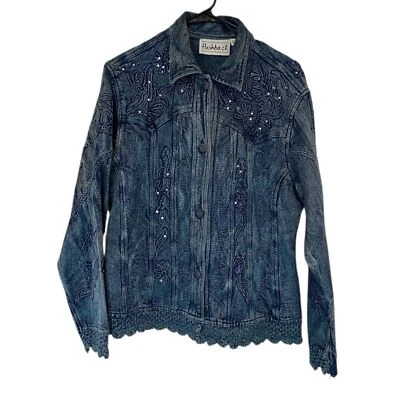 Chaqueta Denim Flashback Vintage Talla L Crochet Lentejuelas Bordado Patrón Floral Foto 1 de 4