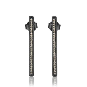925 Sterling Silver Cubic Zirconia CZ Paved Black Bar Push Back Dangle Earrings - Picture 1 of 5