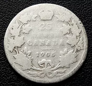 Cuarto de 25 centavos de plata Canadá 1905 - Rey Eduardo 92,5 % plata - circulado - Imagen 1 de 2
