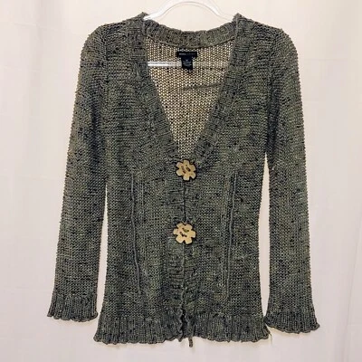 BCBG Maxazria Wmn's Moss Green Chunky Knit Cardigan Sweater Wood Buttons Sz M - Image 1 of 4