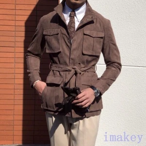 Men's Italy Fall Winter British Safari Retro Slim Waist Belt Hunting Coat Jacket - Picture 1 of 14