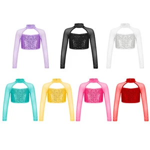 Girls Long Sleeve Dance Crop Top Sequins T-Shirt Ballet Jazz Hip Hop Dancewear - Picture 1 of 77