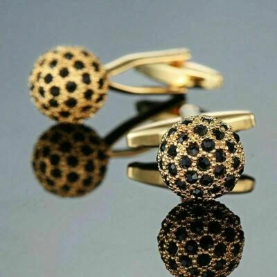 14k Yellow Gold FN 0.85 CT Black CZ Shirt Ball Men's Unique Cufflinks 925 Silver - Image 1 of 2