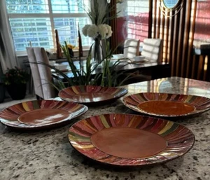 PIER 1 WAVY STRIPE Dinner Plates Hand Painted Stoneware Retired 12"x10" Set of 4 - Picture 1 of 9