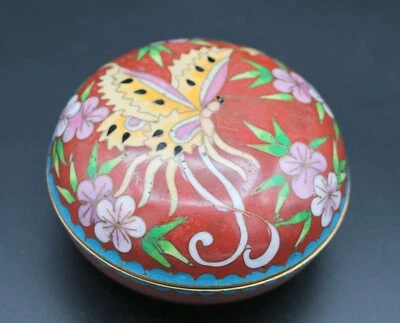 Caja Cubierta Redonda Cloisonne China Vintage ~ Motivo Flor Mariposa Foto 1 de 4
