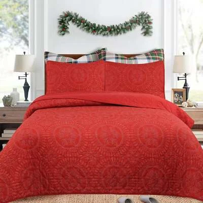 3 Pcs Festive Christmas Quilt Bedspread Set Holiday Bedding Medallion Red - Image 1 of 4