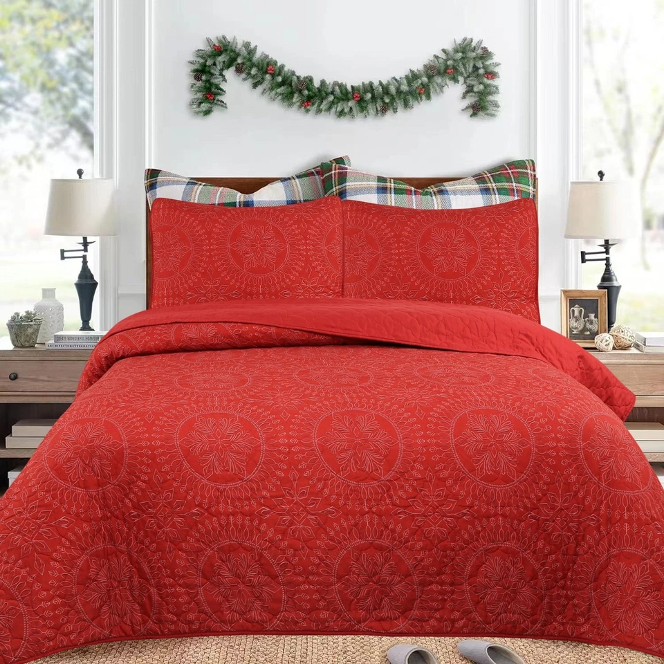 Juego de colcha edredón navideño festivo de 3 piezas ropa de cama navideña medallón rojo Foto 1 de 4