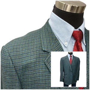 46R/L Vintage Tweed Sport Coat Blazer 100% Wool Houndstooth Tattersall Teal Blue - Picture 1 of 15