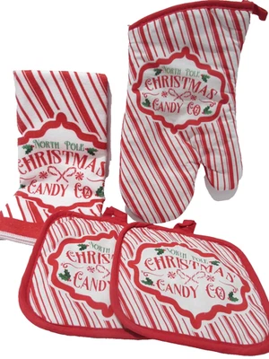 Christmas Potholders Dish Towel Mitt 4PC Candy Sweets Red Peppermint Kitchen NEW - Image 1 of 4
