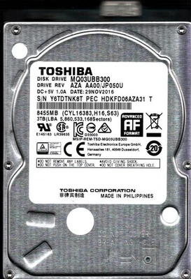 MQ03UBB300 HDKFD06AZA31 T REV: AZA AA00/JP050U 3TB NOV 2016 PHILIPPINES TOSHIBA - Image 1 of 3