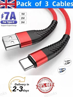 HeavyDuty USB Type C Charging Cable Braided Fast Phone Charger Long Lead 2m 3m - Image 1 of 4