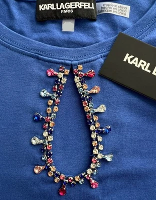 Karl Lagerfeld Paris Women's Cutout Embellished Tee Size L Blue - Image 1 of 4
