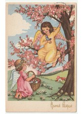 1953 angeli bambine uccello uova colorate cartolina Pasqua vintage albero pesco