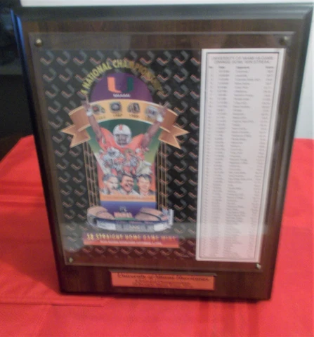 University of Miami Orange Bowl 4  National Champions 58 Straight Games Plaque Cover