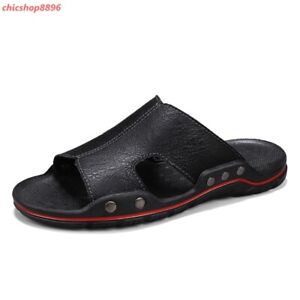 Men Summer Leather Slippers Non-slip Beach Shoes Open Toe Casual Sandals Shoes