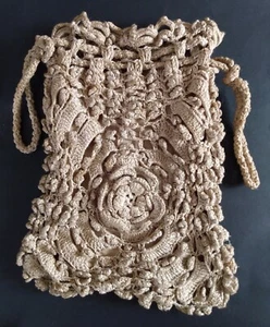 Antique Crocheted Floral Drawstring Bag Purse w/ Hand-Stitched Raw Silk Lining - Picture 1 of 5