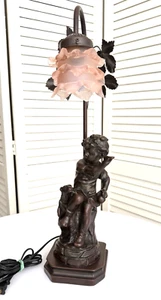 Vintage Art Nouveau Spelter Figural Boy Dog 22" Table Lamp Signed JBP - Picture 1 of 9