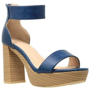 Womens Platform Sandals Open Toe Ankle Strap Chunky Block Heel Shoes Teal - Picture 1 of 8