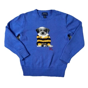 Polo Ralph Lauren Dog Intarsia Cotton Logo Crewneck Sweater Blue Boy’s Size 7 - Picture 1 of 9
