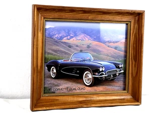 1961 Blue Corvette Convertible in Wood Framed Photo Glass Cover 10"x12" Vintage - Picture 1 of 8